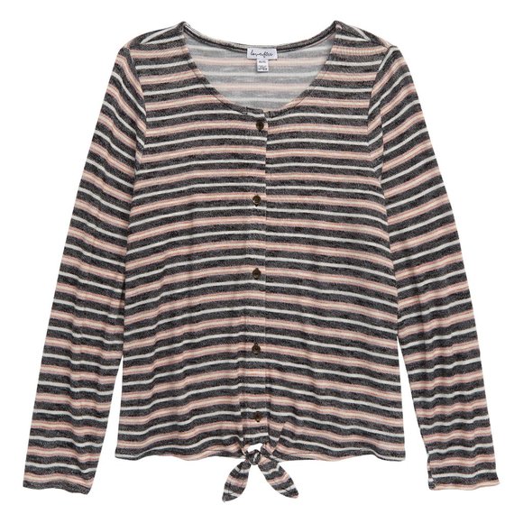 Love fire tie front button down top Stripe Pink Black Size L Girls NWT 3764 - Picture 1 of 3